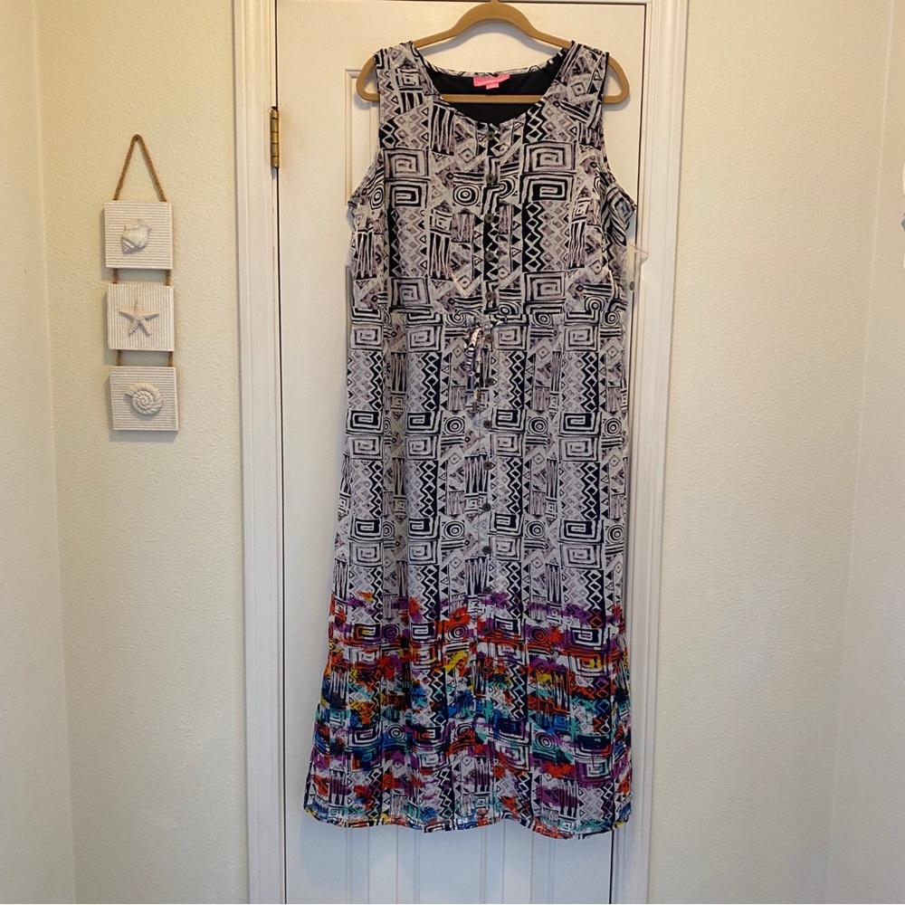 Woman Within Black & White Geometric Maxi Dress with Multicolor Hem